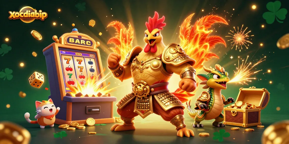 Engage with xocdiabip's thrilling gaming scene featuring a vibrant 3D rooster warrior and jackpot elements.