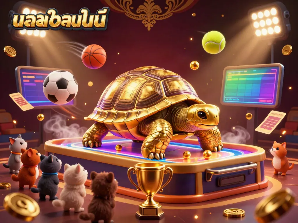 Engage in the excitement of บอลออนไลน์ with our lively sports betting digital scene featuring a golden tortoise pinball machine.