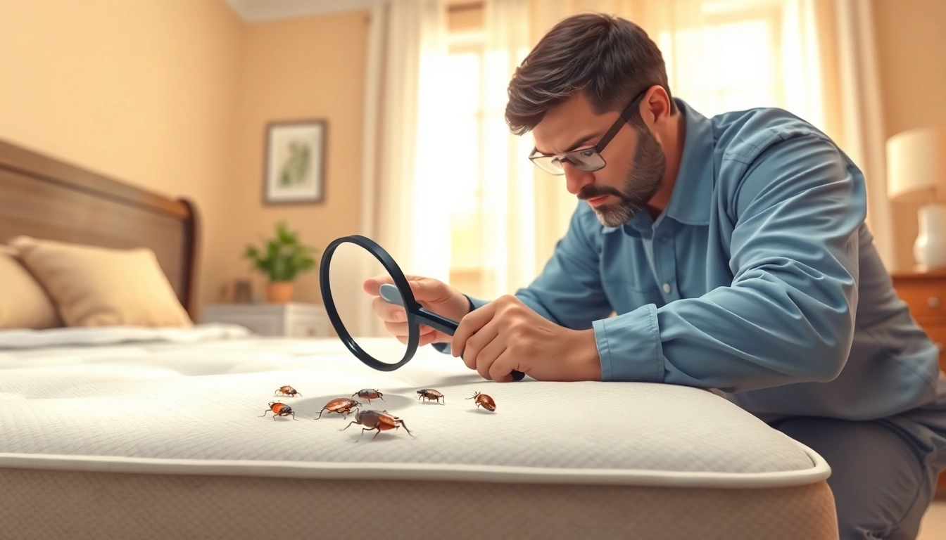 Effective bed bug removal inspection scene with technician checking mattress for infestation.
