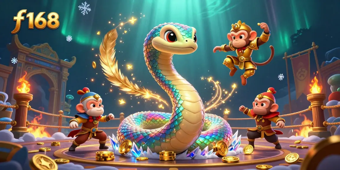 Experience the enchanting world of f 168 with a playful monkey king and a shimmering rainbow serpent amidst vibrant gambling elements.