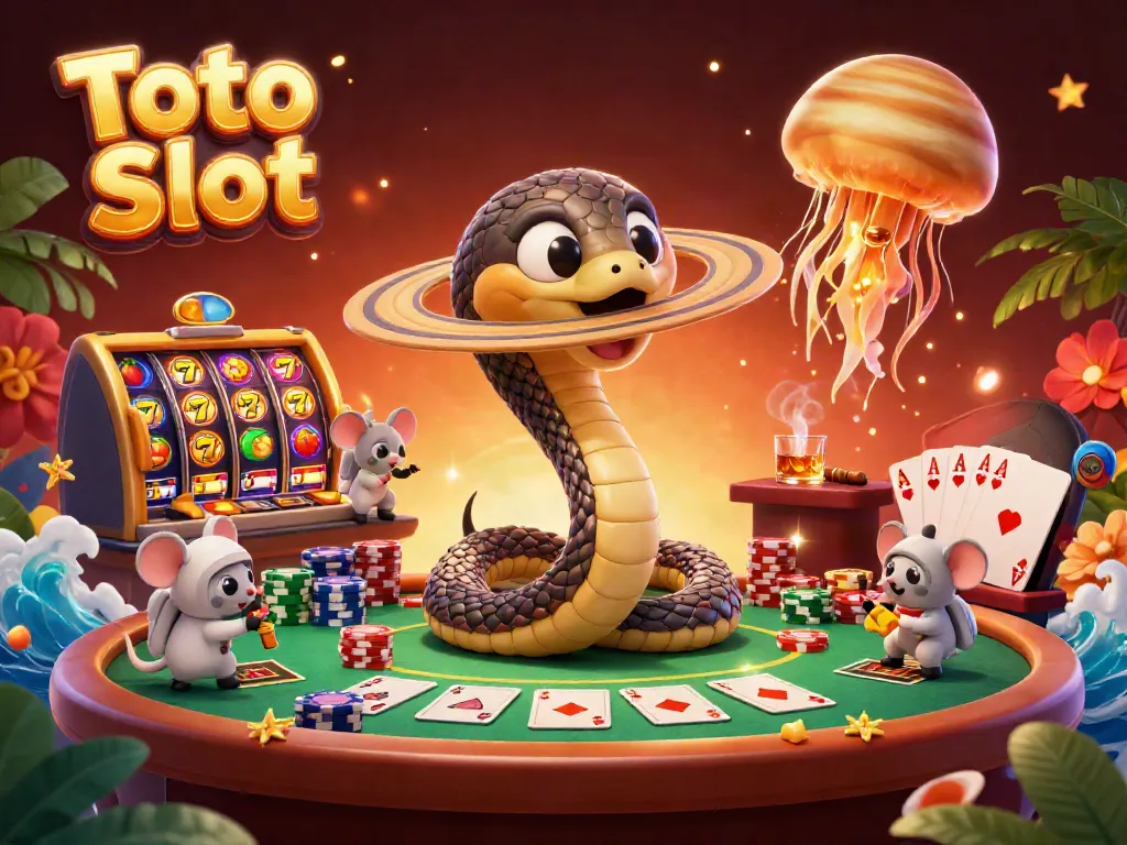 Mendorong dengan Toto Slot dalam ilustrasi 3D kasino yang dinamis dan berwarna-warni, menampilkan simbol slot, dealer, dan taruhan.