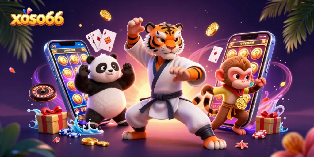 xoso66 brings excitement with a kung fu tiger master and a panda in a colorful casino-themed scene.