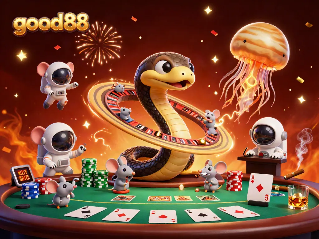 Experience the fun of good88 as tiny mice bet on a roulette wheel made from Saturn's rings, set in a vibrant cosmic casino.