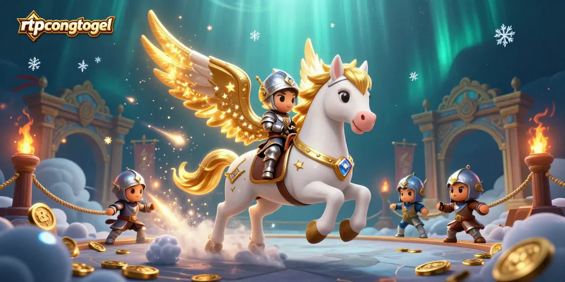Experience thrilling gameplay at rtpcongtogel with a celestial knight and golden horse amidst vibrant casino elements.