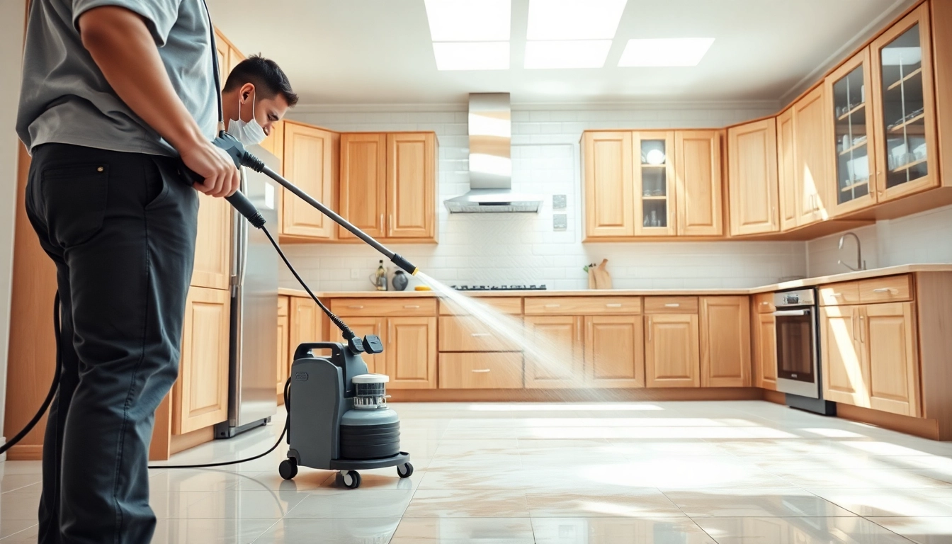 Showcasing grout cleaning services placer county performed by a technician in a bright kitchen.