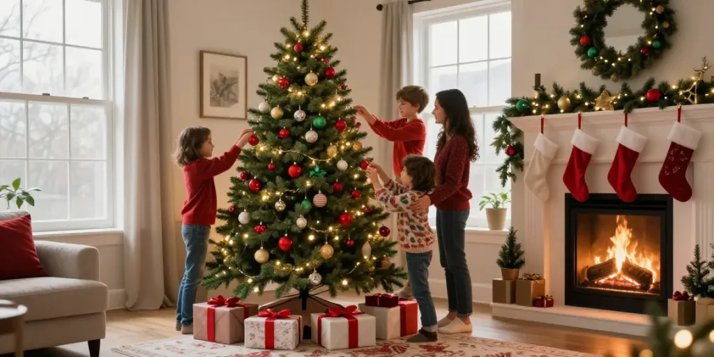 Beautifully decorated slim Christmas tree in a cozy living room during the holiday season, surrounded by gifts and a glowing fireplace.