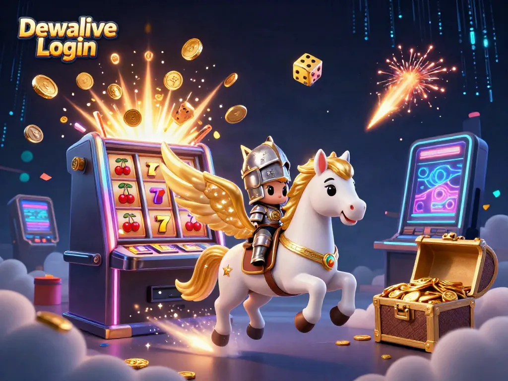 Dewalive Login illustration depicting a magical scene with a celestial horse, jackpot slot machine, and vibrant casino elements.
