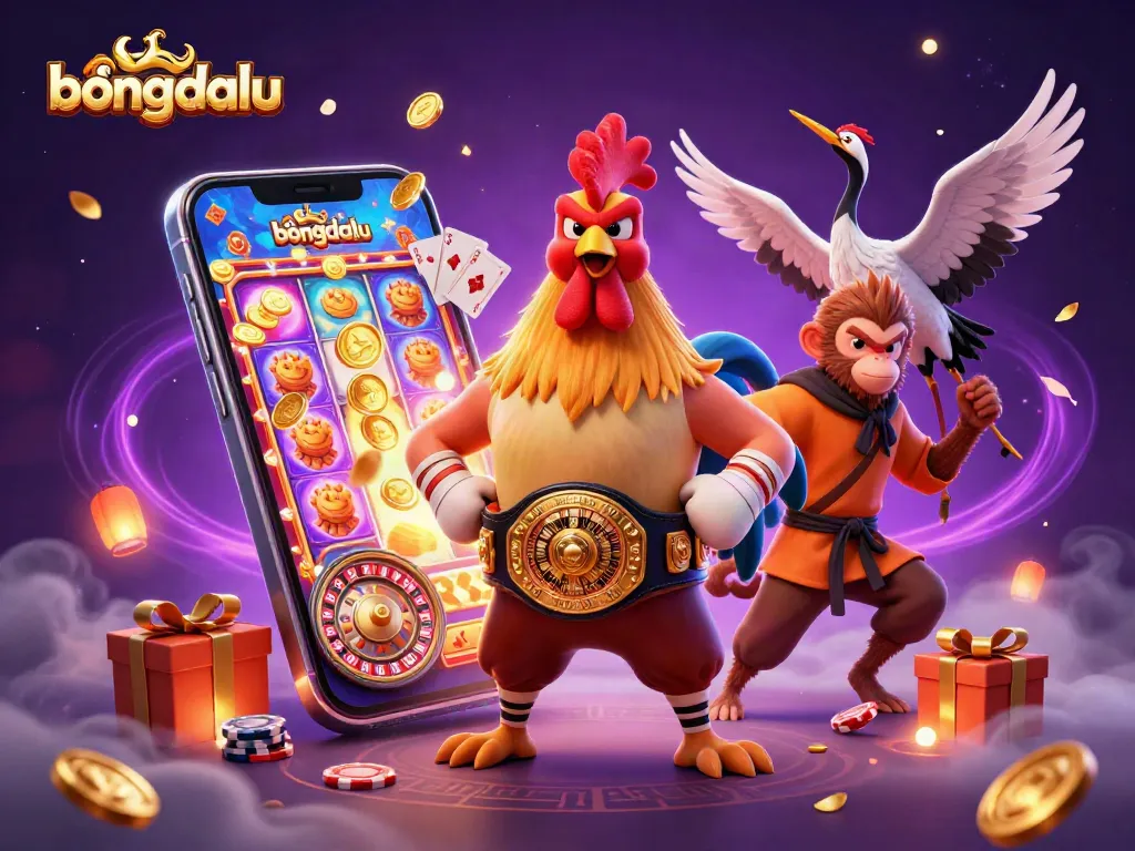Bongdalu showcases a vibrant and dynamic casino scene featuring a Muay Thai rooster, monkey martial artist, and wise crane with gambling elements.