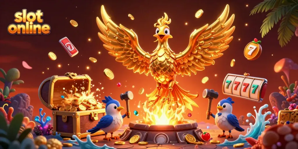 Experience the thrill of slot online as a golden phoenix emerges from the fiery forge, surrounded by shimmering treasures and games.