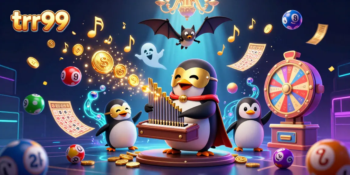 Win at trr99 casino with a vibrant scene featuring a penguin playing the organ amidst gambling elements.