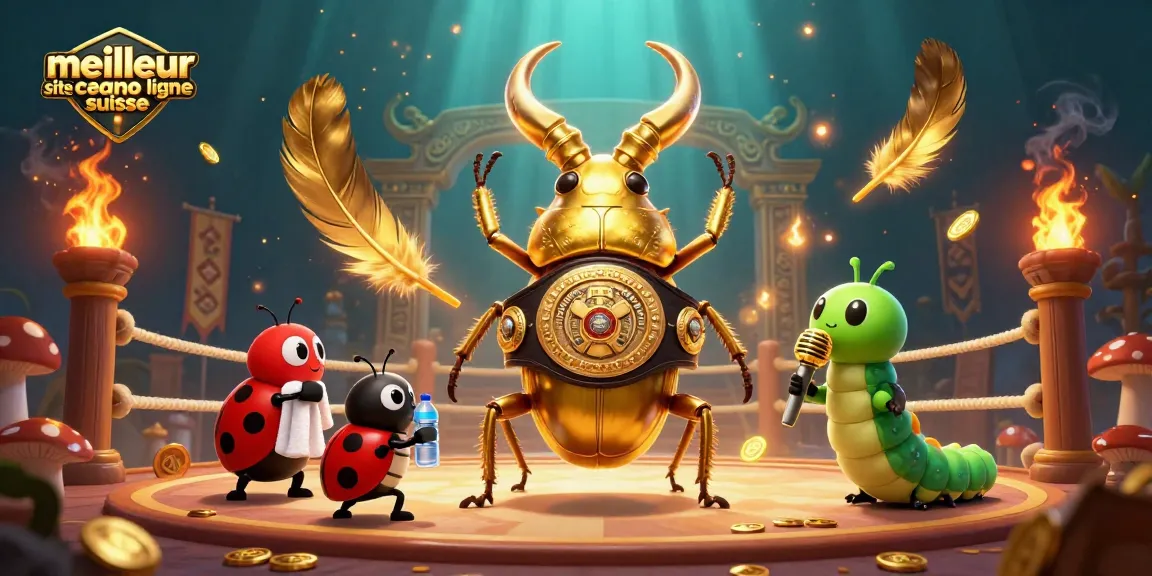 Image dynamique représentant le meilleur site casino en ligne suisse avec un scarabée géant et des éléments de jeu.