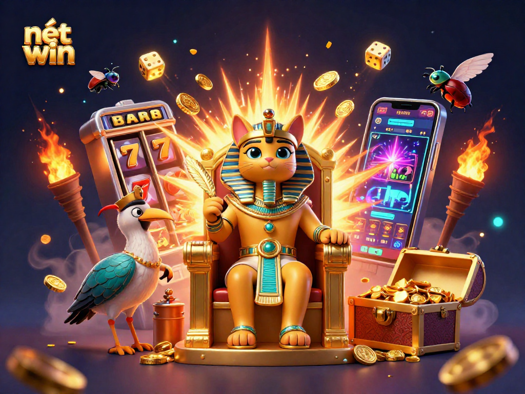 Experience the excitement of nét win with a vibrant scene featuring an Egyptian pharaoh cat and dynamic casino elements.