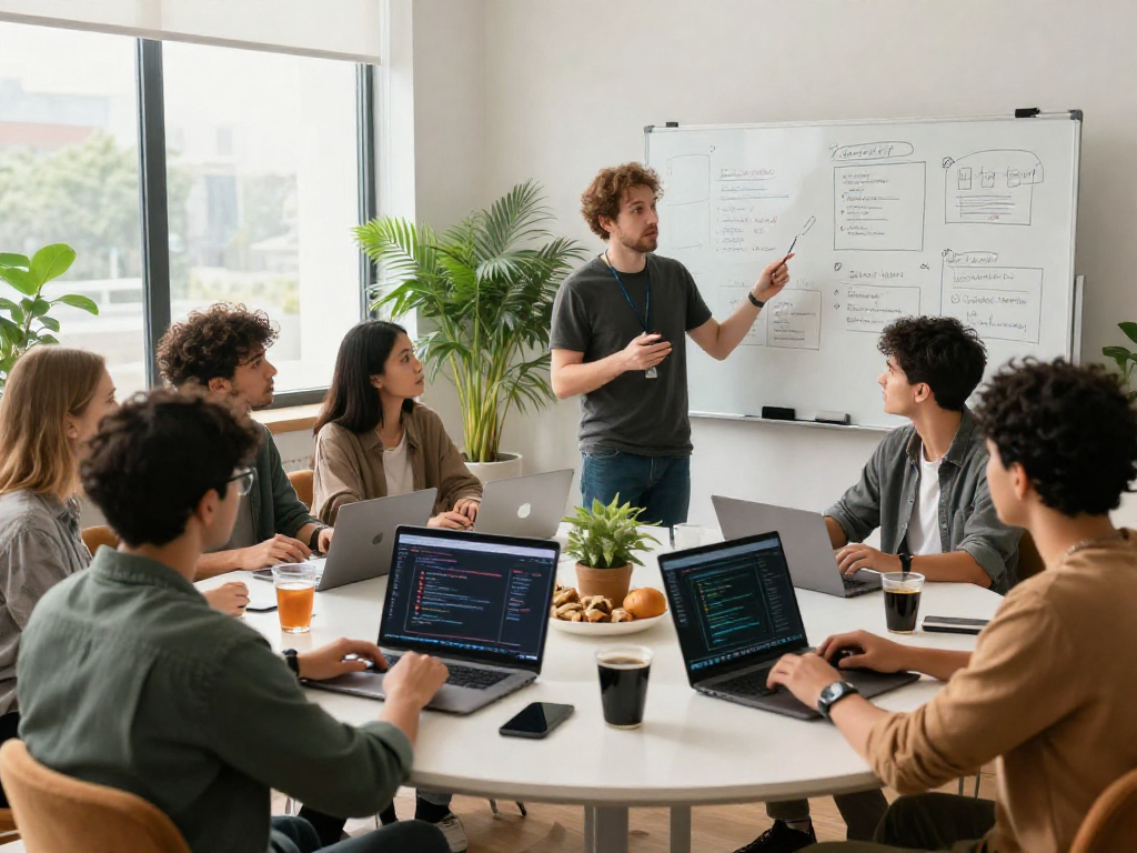 Creative team collaborating on AI roleplay development in a vibrant tech office.