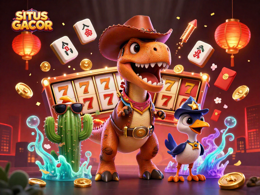 SITUS GACOR illustrates dynamic casino excitement with a cowboy dinosaur and vibrant slot elements.