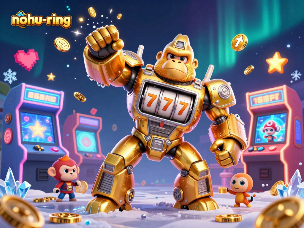 Join the nohu-ring action with the golden gorilla mech launching coins amidst arcade gaming elements.