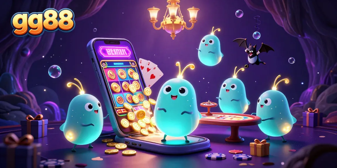 Spin and win with gg88 in this vibrant casino scene featuring glowing glowworms and a bat dealer.