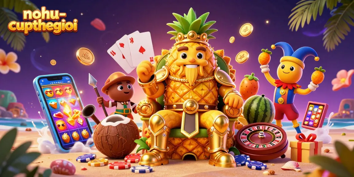 Nohu-cupthegioi illustrates a vibrant casino scene featuring a pineapple king and colorful gambling elements.