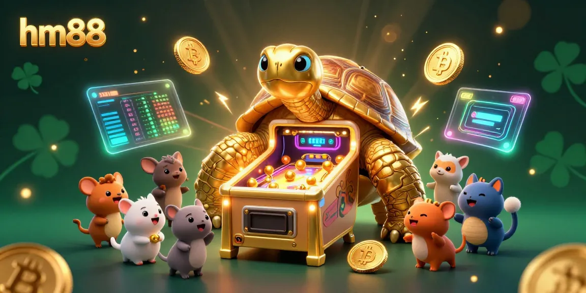 Experience the excitement of hm88 with a golden tortoise and vibrant casino elements in this lively illustration.