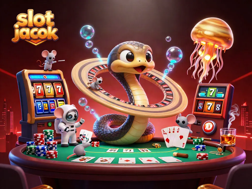 Experience a thrilling slot jackpot scene with cartoon snake and cosmic dealer, engaging gamblers in a 3D casino