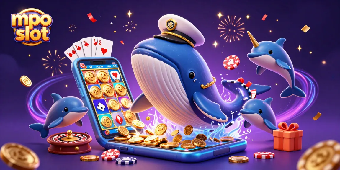 Experience the excitement of mpo slot with a vibrant casino scene featuring a whale, narwhal, and playful dolphins.
