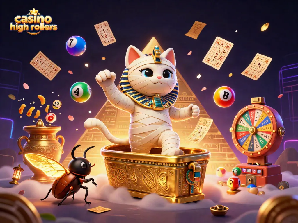 Experience the thrilling action of casino high rollers with a mummy cat and scarab beetle in a vibrant pyramid casino.