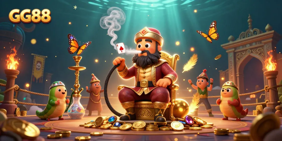 Experience GG88's vibrant online casino world with a 3D cartoon illustration of a caterpillar hookah-master amidst casino symbols.