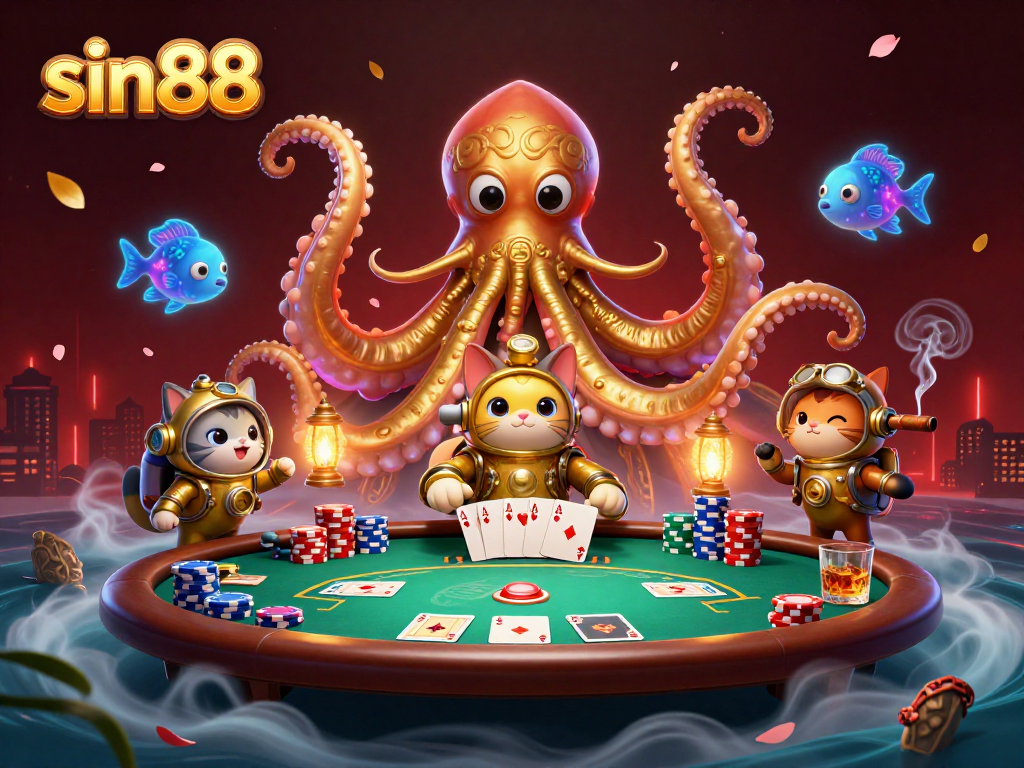 Join the excitement of sin88 with a vibrant scene featuring a kraken, diving cat, and poker elements.
