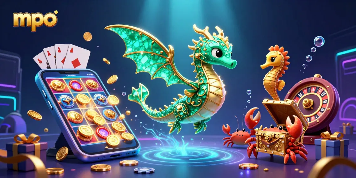 MPO engages players with vibrant 3D casino elements featuring slot games, treasure, and unique underwater characters.