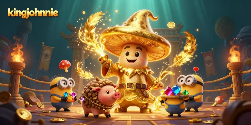 Spin to win at kingjohnnie casino in a vibrant mushroom wizard adventure scene with treasure elements.