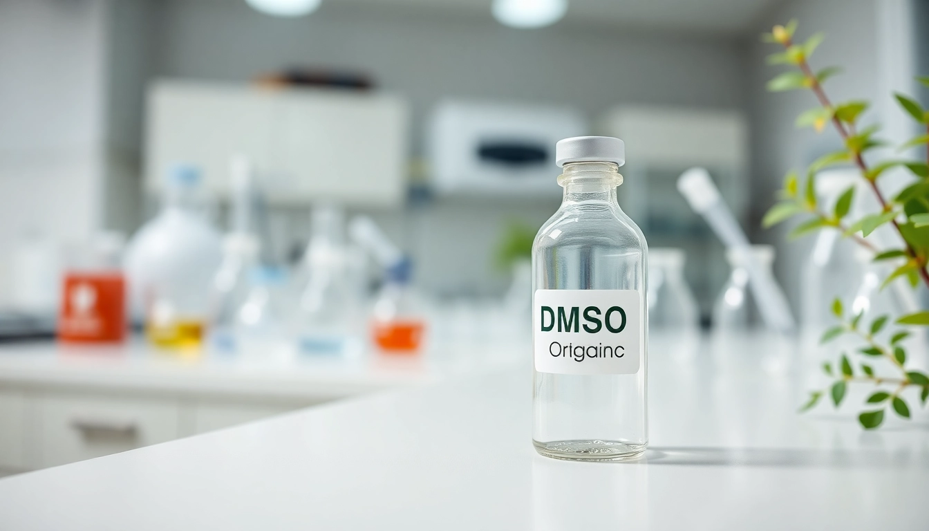Showcase a clear vial of dmso organic in a bright lab environment for purity demonstration.