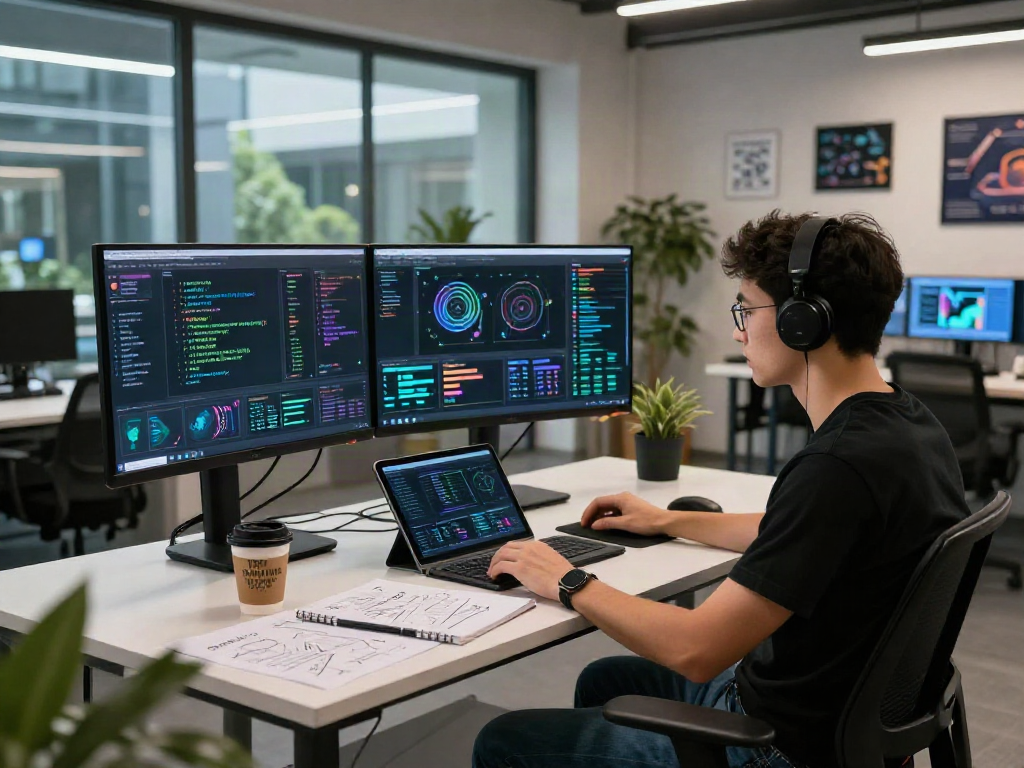 Data scientist analyzing AI models in a modern workspace, showcasing crush on ai technology and creativity.