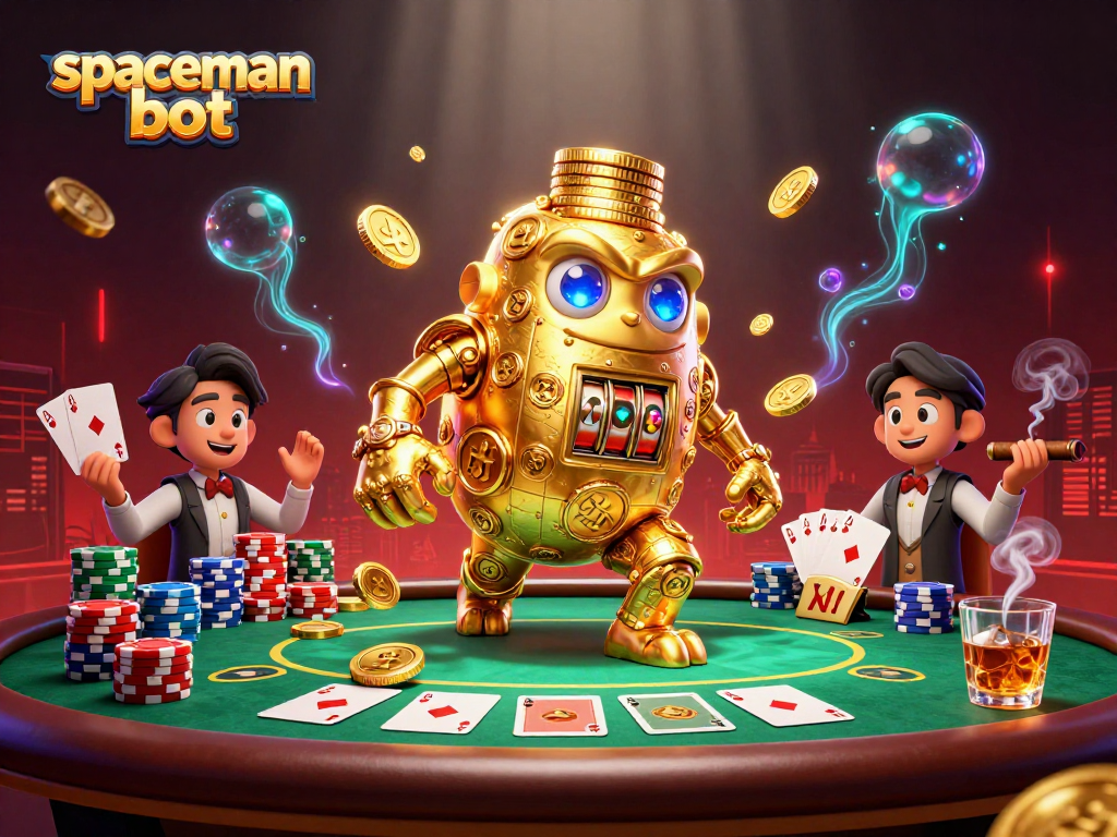 Engage with the spaceman bot at an exhilarating casino scene filled with vibrant poker elements.