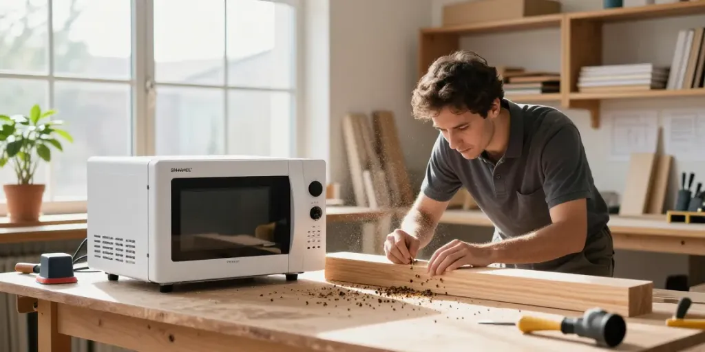 SHASHEL® microwave equipment in a woodworking workshop eliminating wood-boring insects efficiently.