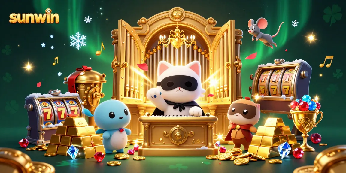 Experience the excitement with sunwin, featuring a whimsical cat and vibrant casino elements in dynamic 3D.