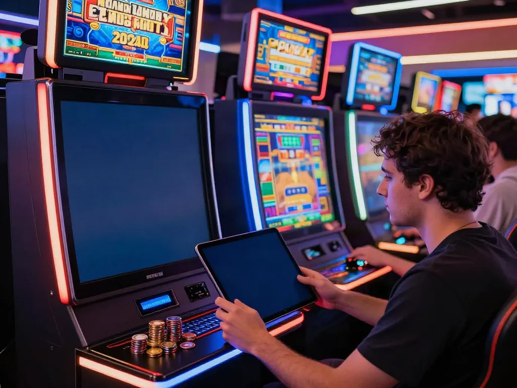 Permainan online slot777 dengan mesin slot dan atmosfir ceria di lounge gaming.
