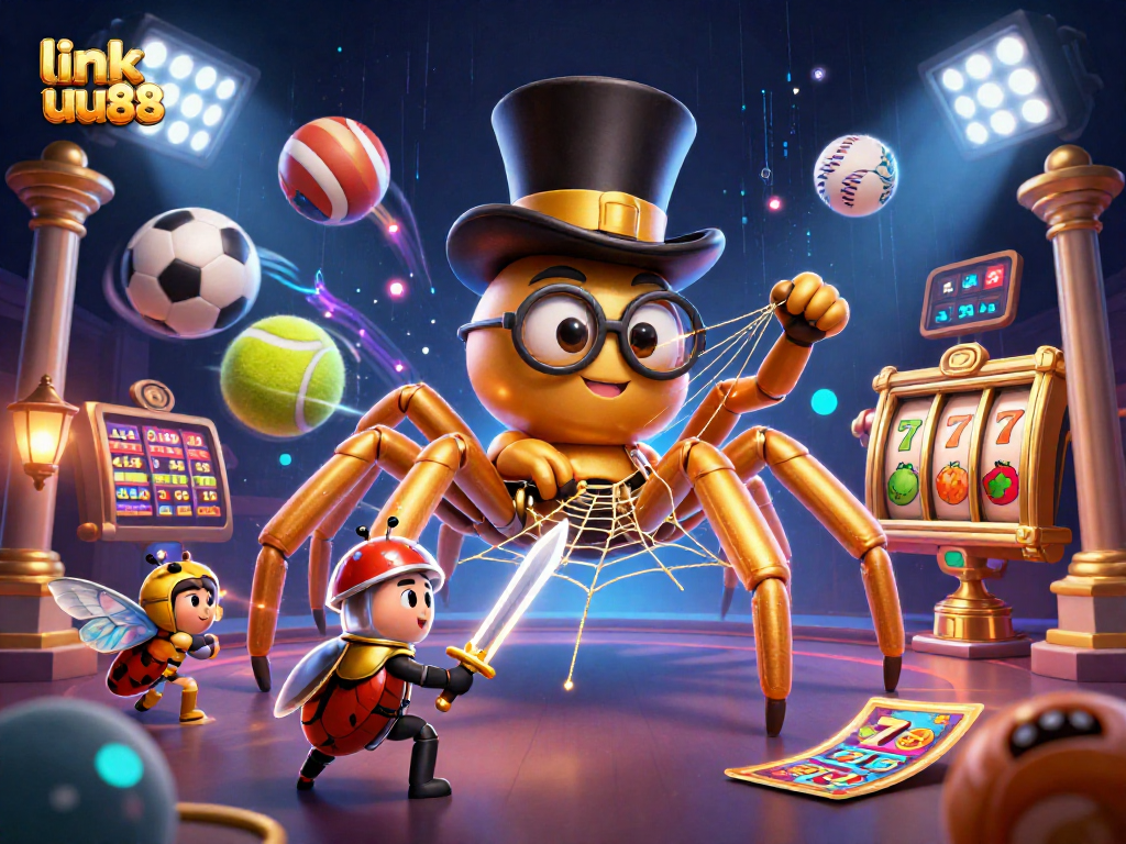 link uu88 showcases a giant tarantula and beetle knight in an exciting casino scene with dynamic elements.