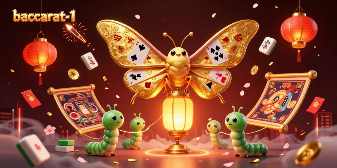 Baccarat-1's captivating 3D scene showcases an atlas moth atop a golden lantern amidst vibrant casino-themed elements.