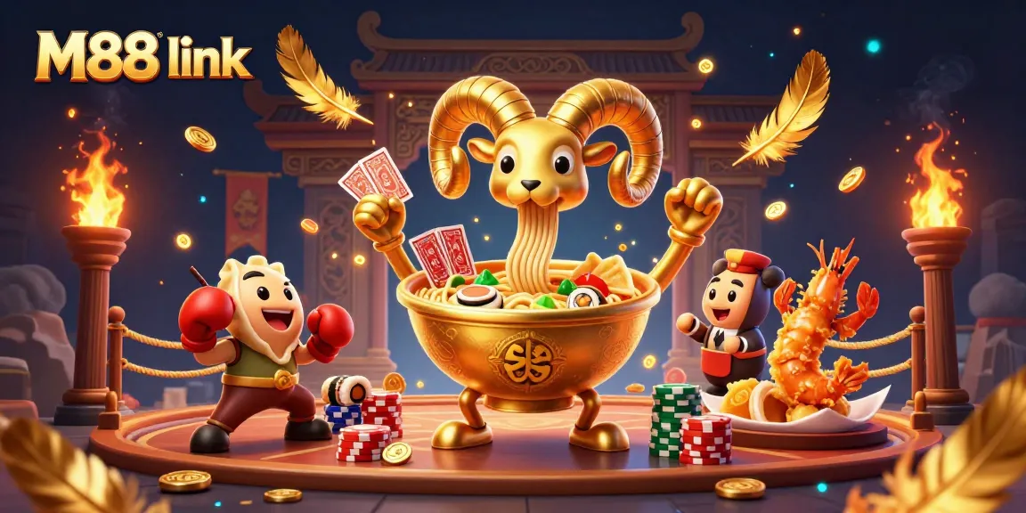 Engage with the M88 link in a vibrant 3D casino scene featuring dynamic characters and exciting game elements.