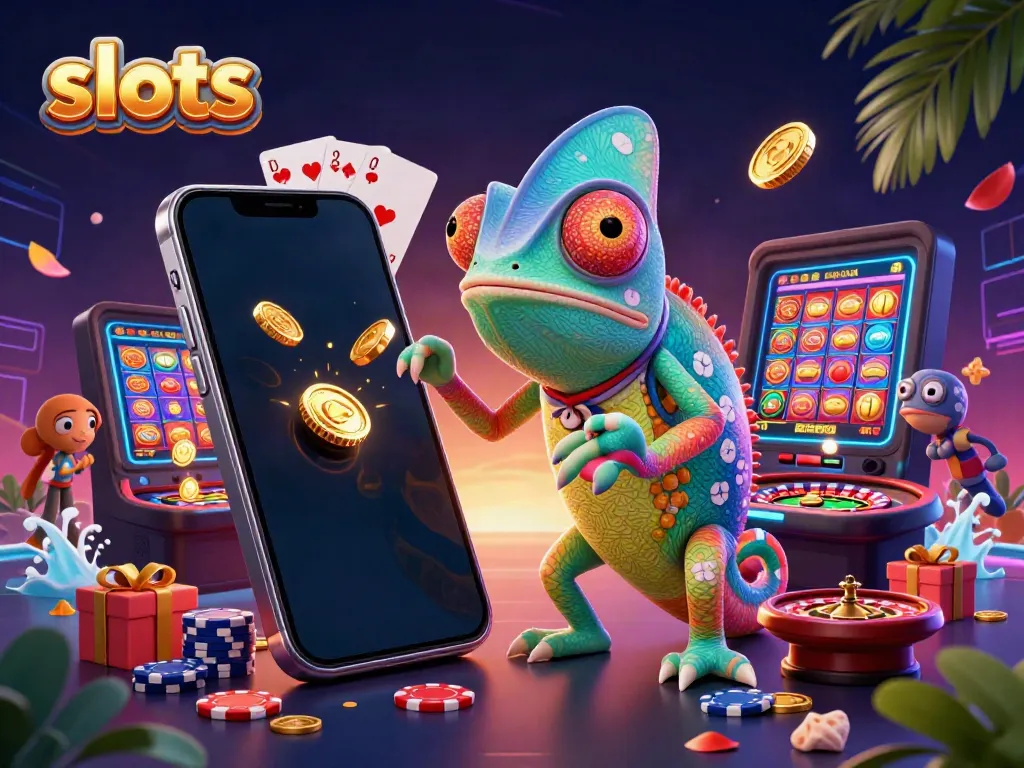 Capture exciting slots action with chameleon casino owner and a colorful smartphone game.