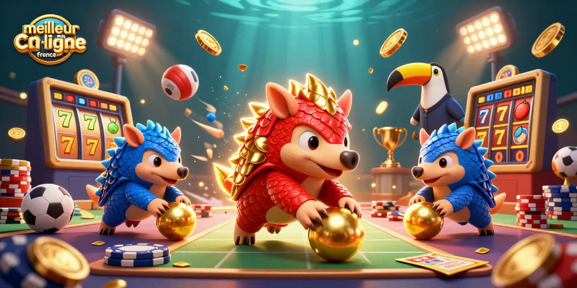 Illustration d'une scène de casino montrant le meilleur casino en ligne France avec des pangolins rivaux et des éléments de jeu.