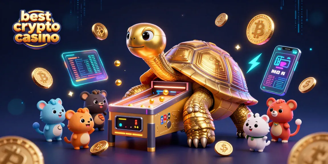 Jouez dans le meilleur casino crypto avec des tortues dorées et des éléments de blockchain vibrants.
