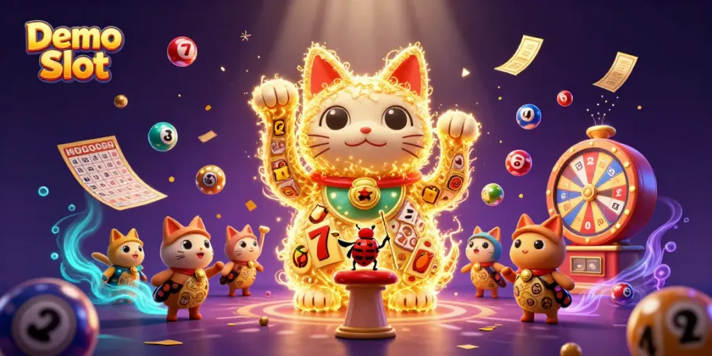 Play Demo Slot games with dynamic visuals of a lucky cat and entertaining elements.