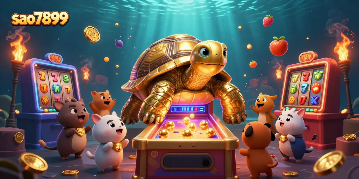 Experience thrilling gaming at sao7899 with exciting slot reels and a massive golden tortoise pinball machine surrounded by small animals.