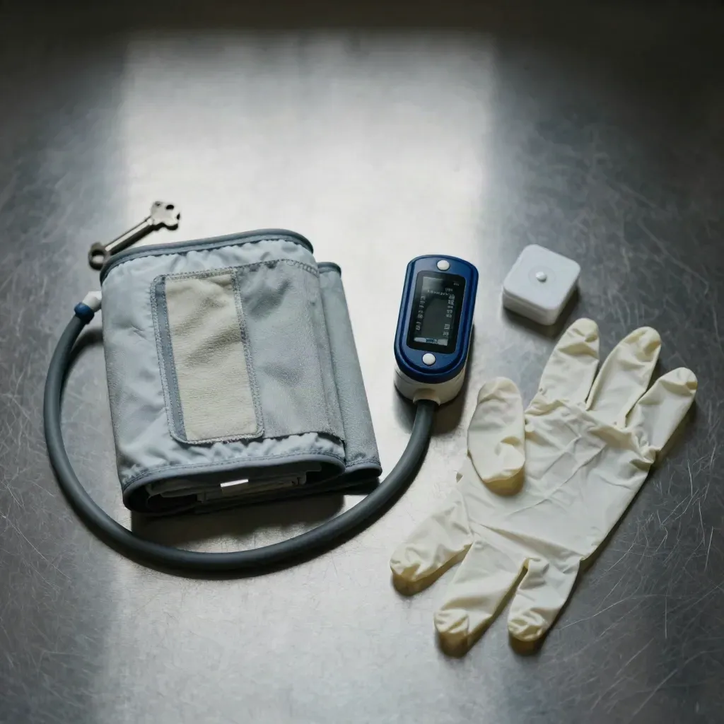 Medical home-visit tools neatly arranged on brushed metal under dramatic light.
