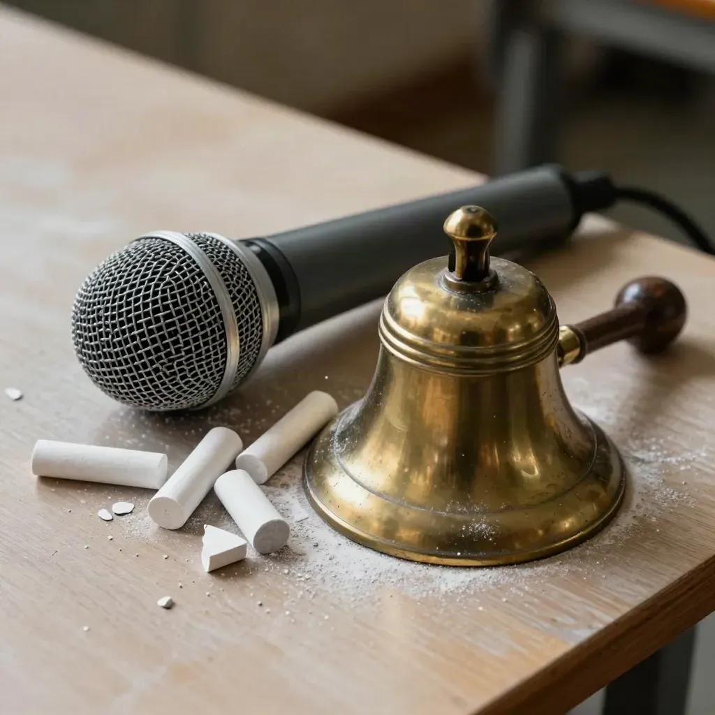 Close-up of a classroom mic, chalk pieces, and a brass lesson bell on pale wood with chalk dust.