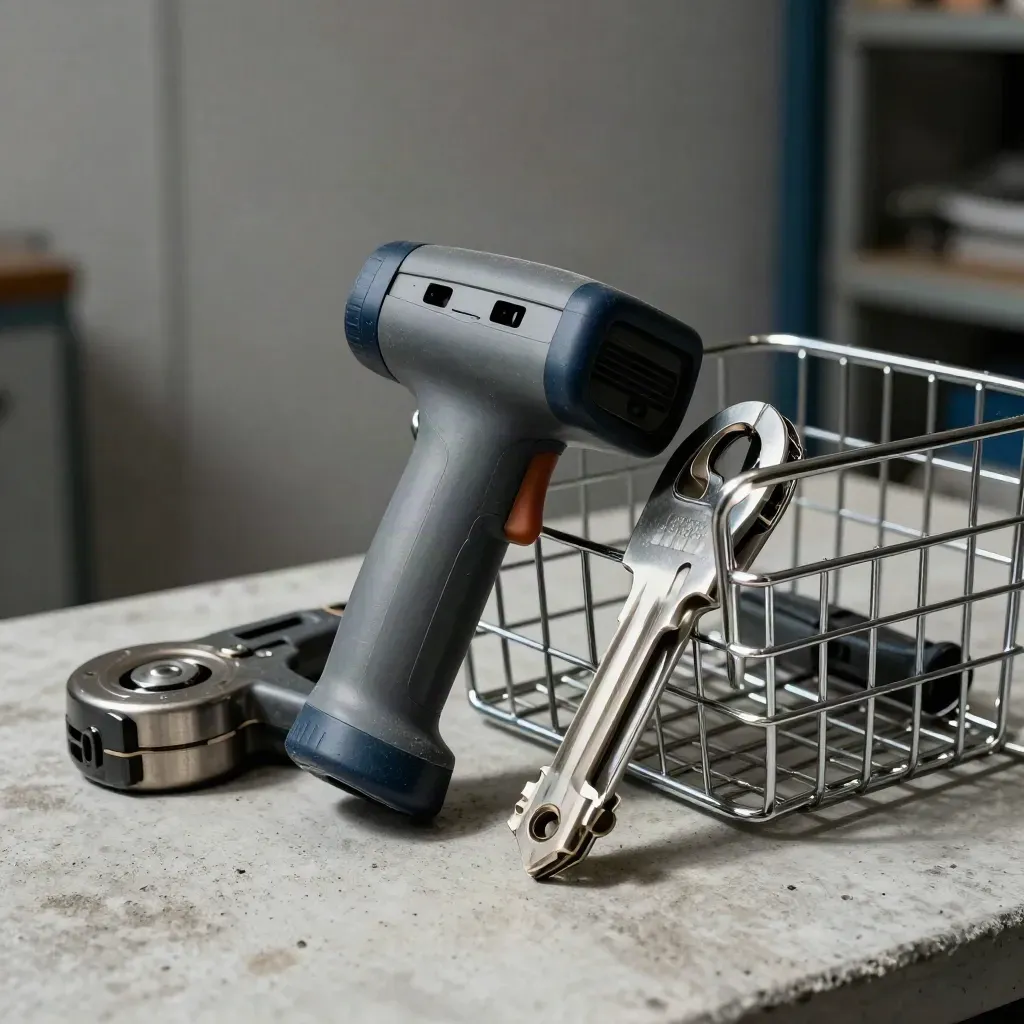 Stockroom tools on pale concrete, lit dramatically with a navy accent.