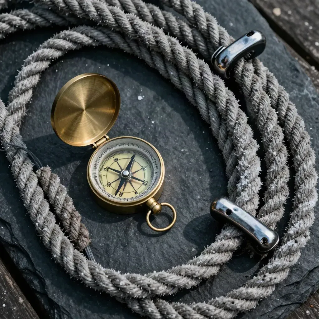 Brass ship compass, coiled rope, and cleat hardware on dark slate with salt haze.