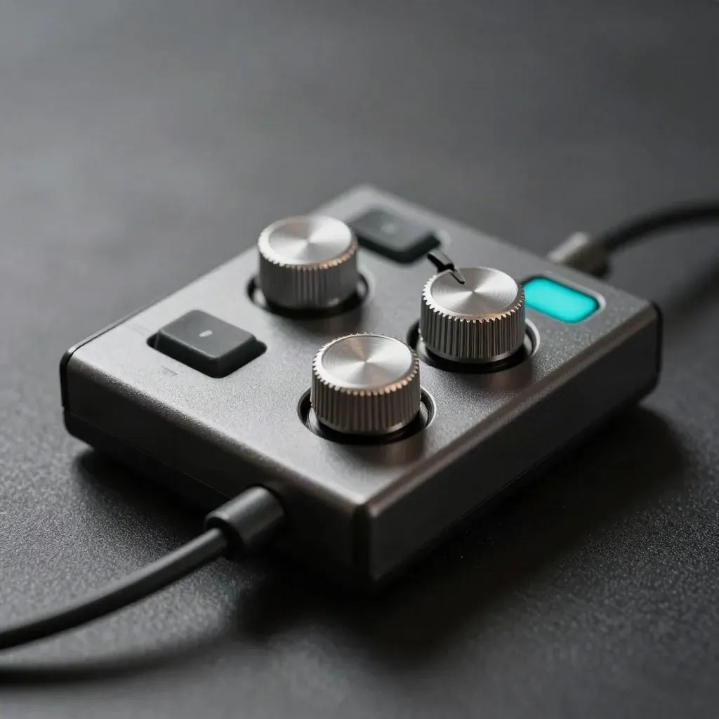 Macro of a broadcast switcher with dials, tally puck, and cables on graphite.