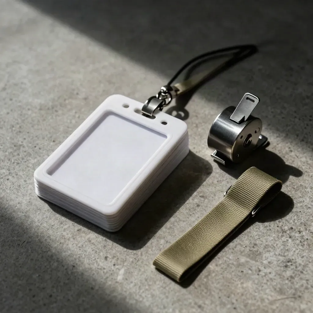 Top-down close crop of badge holders, lanyard reel, and check-in clip on stone.