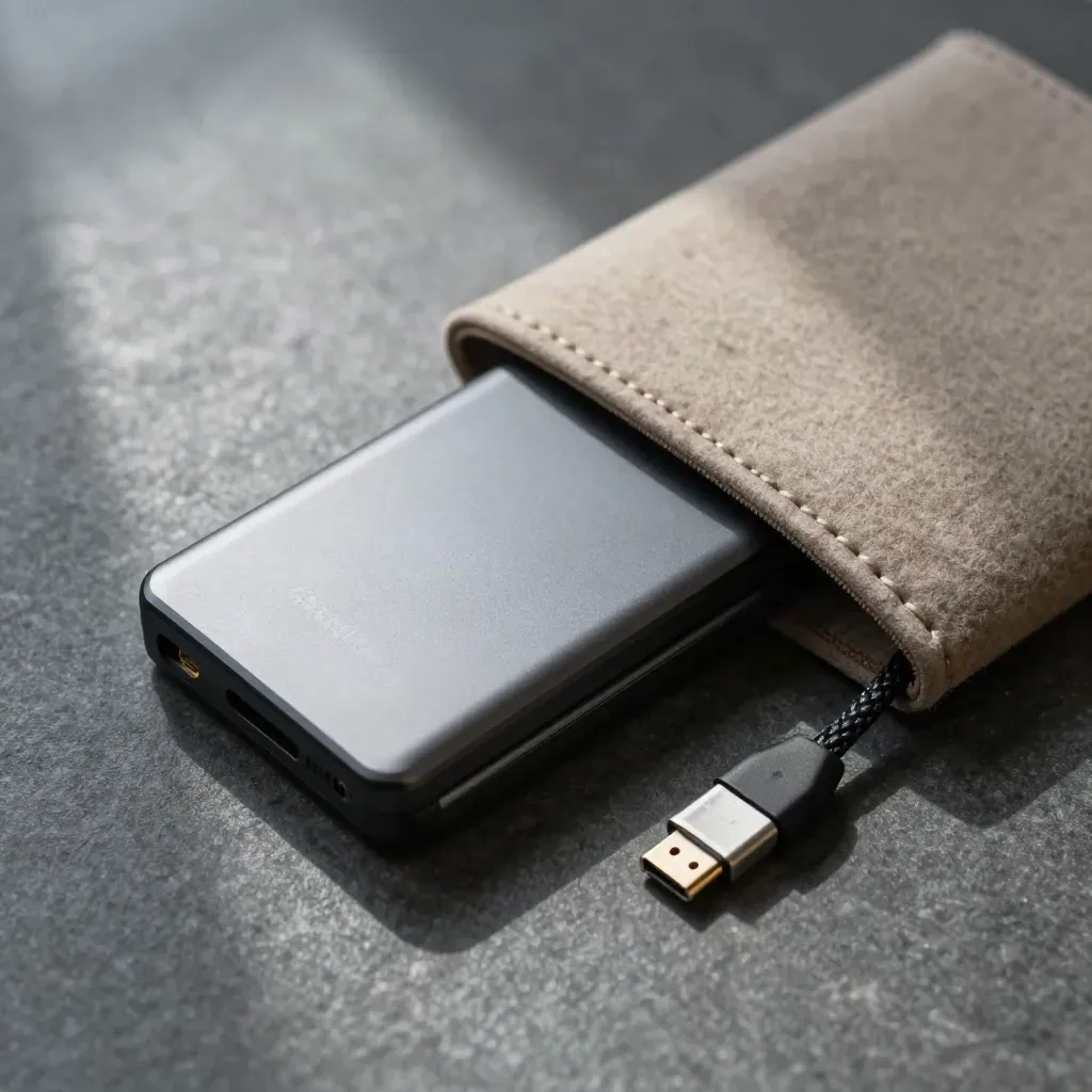Two nested portable SSDs with a drive sleeve and cable on graphite stone, overhead macro.